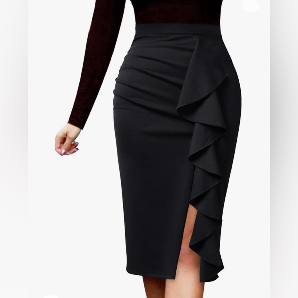 Vfshow women’s black ruffled slit pencil skirt Medium